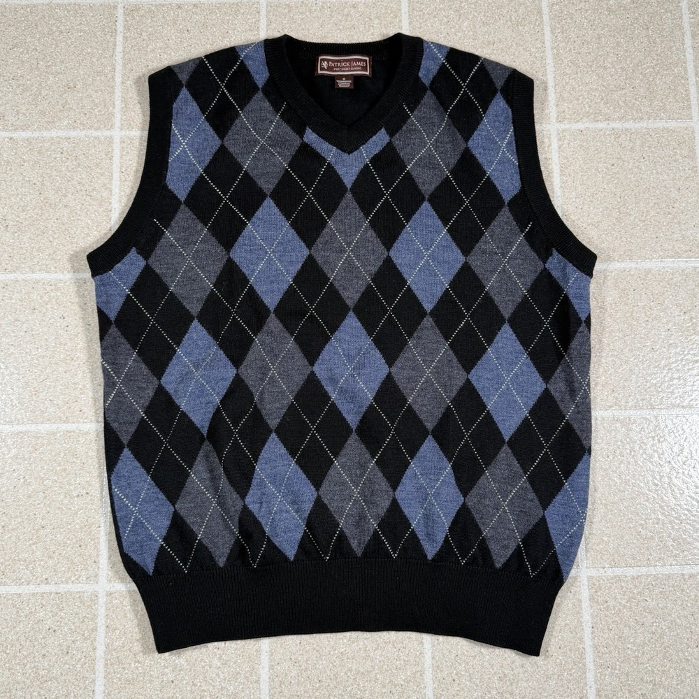 Patrick James West Coast Classic Men's M Argyle V-Neck Sweater Vest Merino Blend